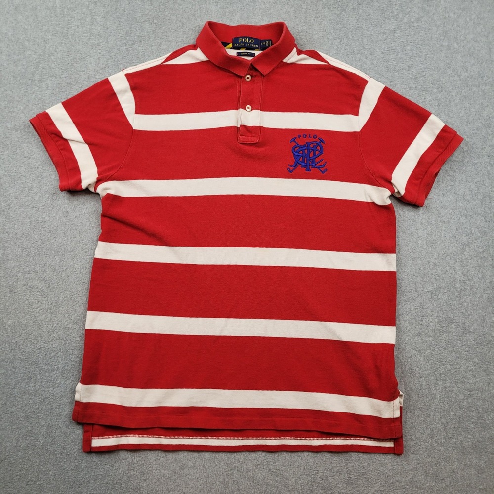 Polo Ralph Lauren Polo Shirt Mens Large Red Striped Custom Fit Crest Logo
